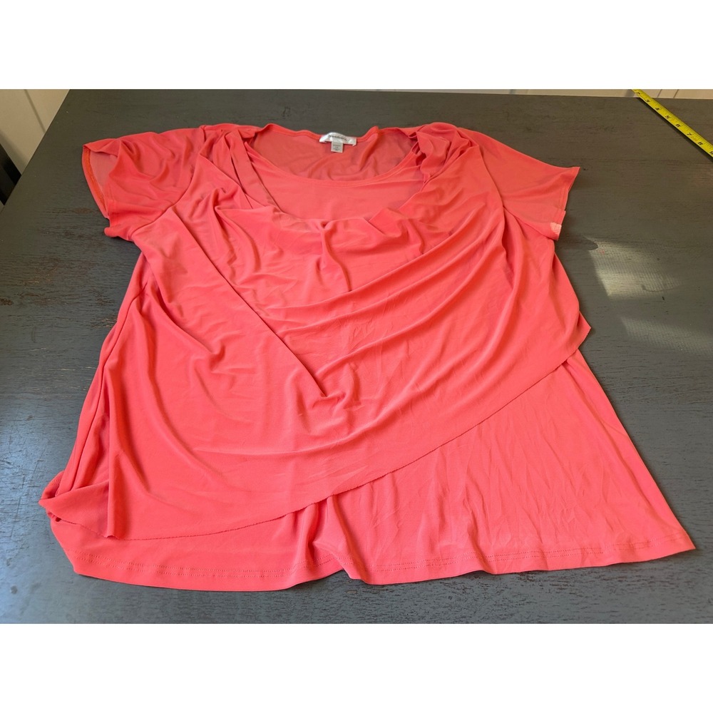 Dressbarn Woman Coral Pink Draped Layered Front Short Sleeve Top Blouse 1X USA